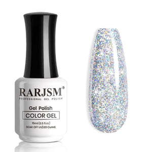 Cosmic Silver R403 holographic glitter gel polish bottle 15ml with ultra-dense rainbow iridescent sparkle swatch TPO HEMA free
