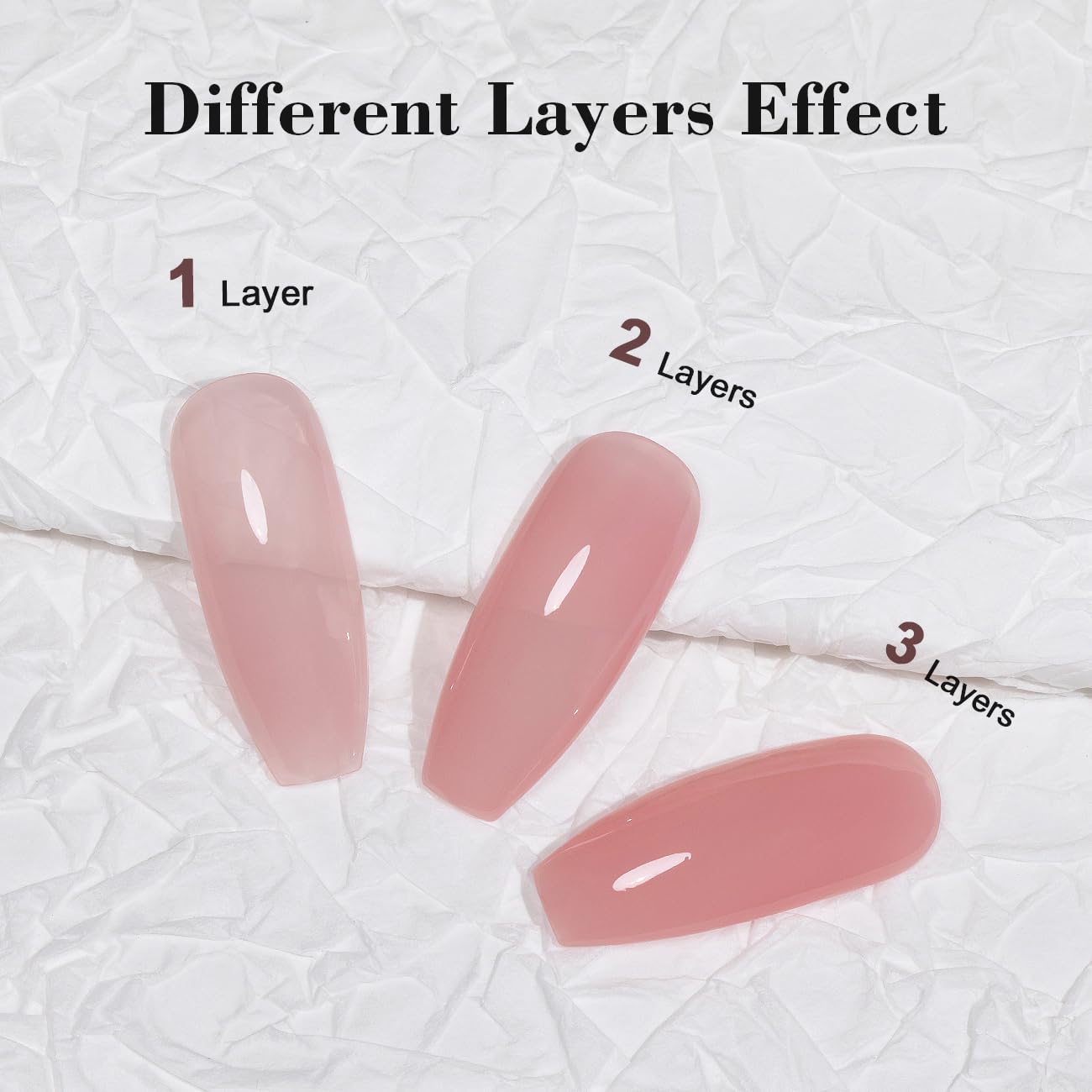 Different layers effect comparison 1 layer 2 layer 3 layer sheer soft pink buildable opacity on nail tips
