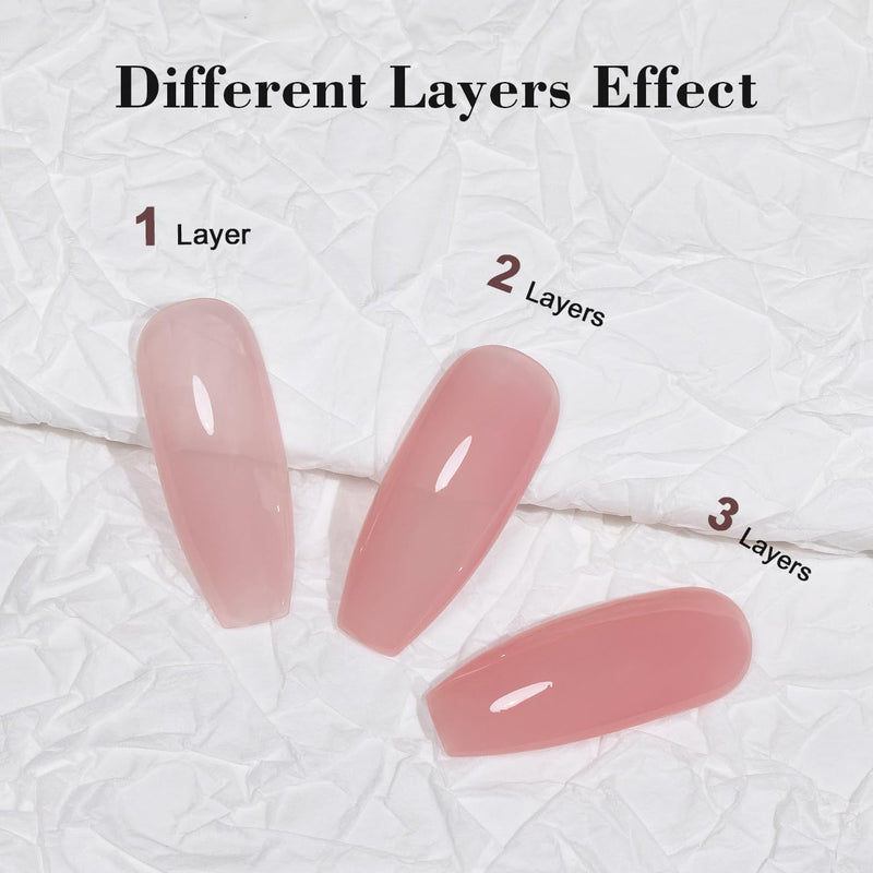 Different layers effect comparison 1 layer 2 layer 3 layer sheer soft pink buildable opacity on nail tips
