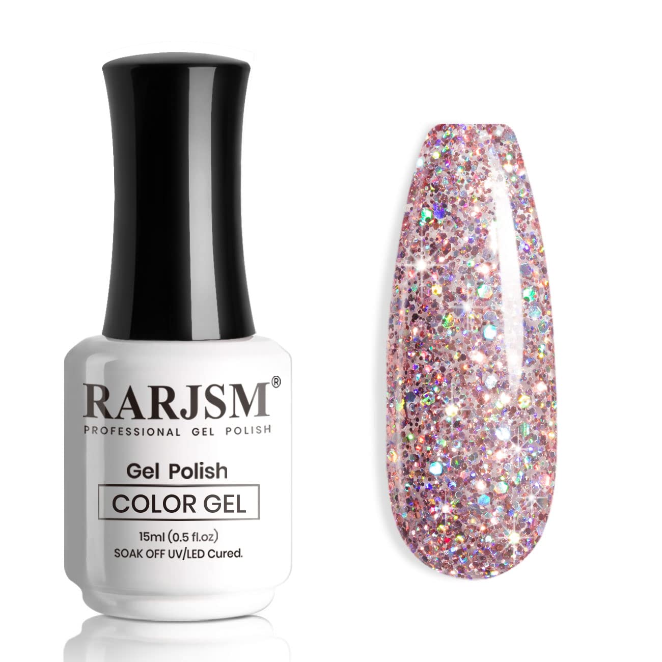 Rose Gold Spark R400 glitter gel polish bottle 15ml with iridescent holographic sparkle swatch TPO HEMA free

