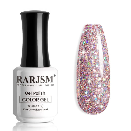 Rose Gold Spark R400 glitter gel polish bottle 15ml with iridescent holographic sparkle swatch TPO HEMA free
