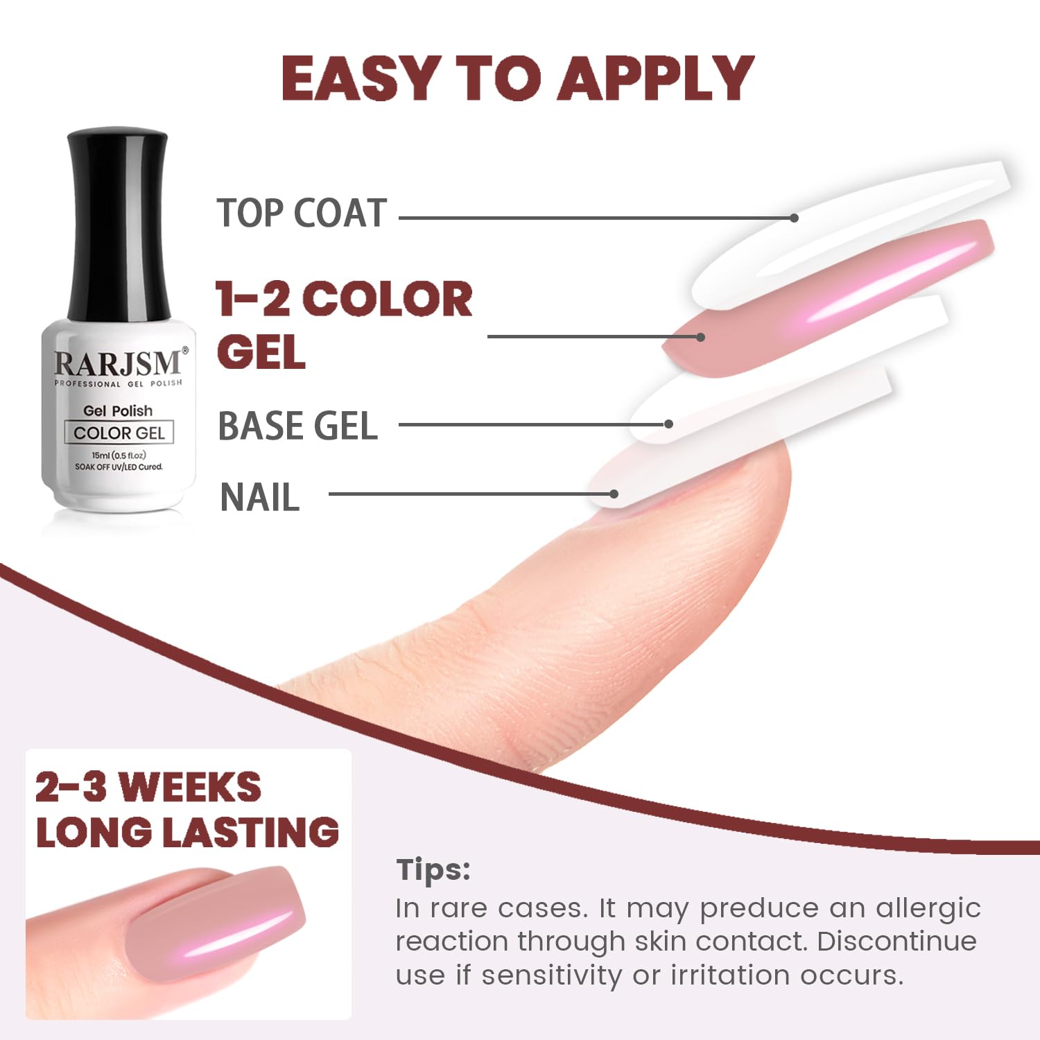 Blushing Aura pink shimmer gel polish application guide 4 steps - base gel color gel top coat 2-3 weeks long-lasting safety tips
