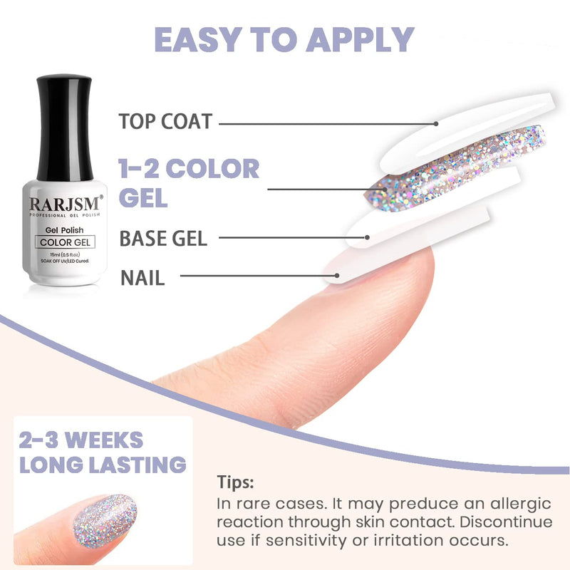 Cosmic silver glitter gel polish application guide 4 steps - base gel color gel top coat 2-3 weeks long-lasting safety tips
