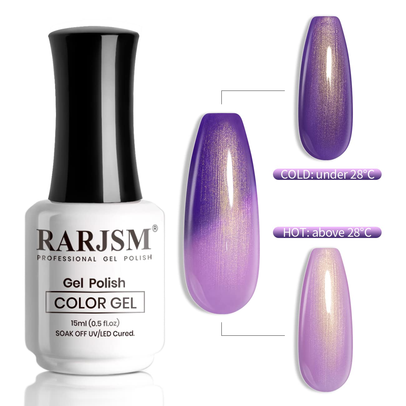 Amethyst thermal gel polish color change comparison cold below 28C hot above 28C purple to lavender
