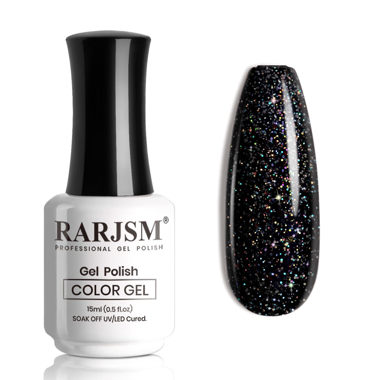 Galactic Spark R763 black rainbow holographic glitter gel polish bottle 15ml with ultra-dense iridescent sparkle swatch TPO HEMA free
