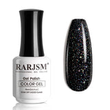 Galactic Spark R763 black rainbow holographic glitter gel polish bottle 15ml with ultra-dense iridescent sparkle swatch TPO HEMA free

