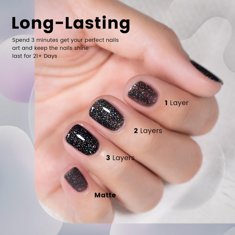 Long-lasting 21 days black rainbow glitter gel polish 1 layer 2 layers 3 layers matte finish buildable coverage comparison
