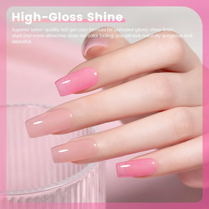 High-gloss shine pink jelly gel polish on coffin nails showing ultra-glossy translucent crystal finish
