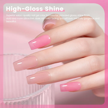 High-gloss shine pink jelly gel polish on coffin nails showing ultra-glossy translucent crystal finish
