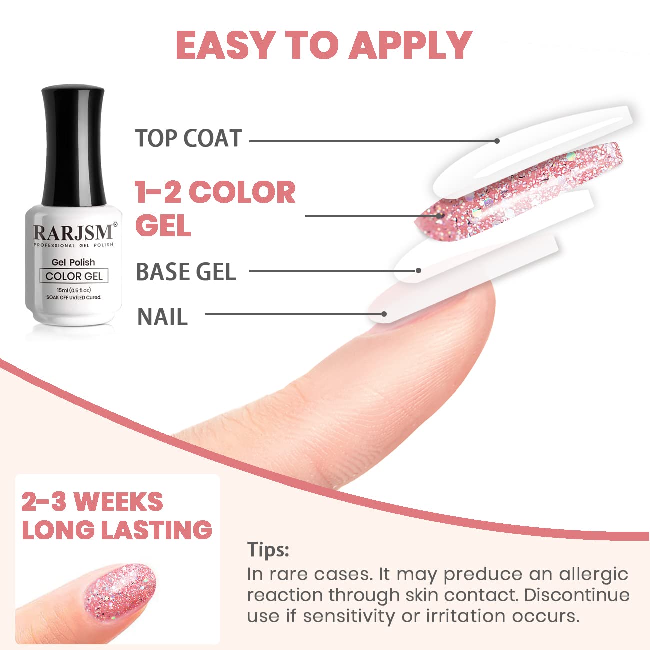 Stardust Blush pink glitter gel polish application guide 4 steps - base gel color gel top coat 2-3 weeks long-lasting safety tips
