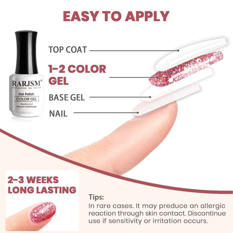 Rose gold glitter gel polish application guide 4 steps - base gel color gel top coat 2-3 weeks long-lasting
