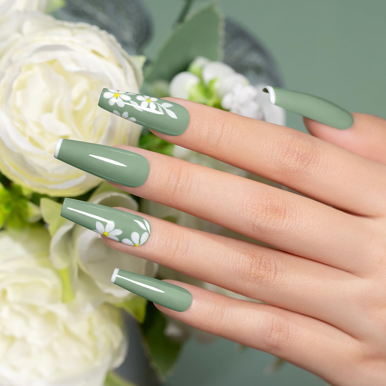 Mossy Meadow sage green manicure with white floral nail art daisy flowers natural elegant look on nails
