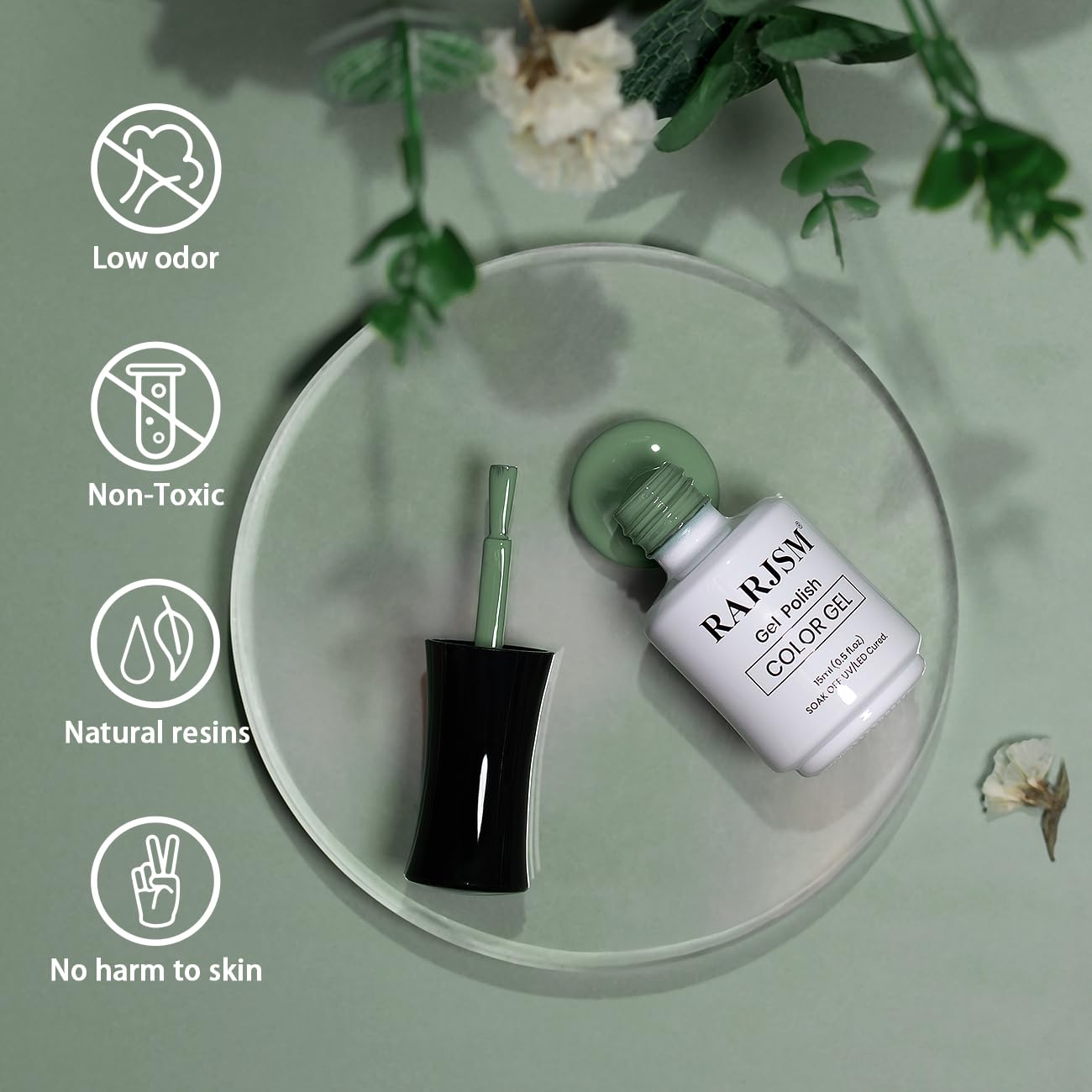 RARJSM gel polish safety features - low odor non-toxic natural resins no harm to skin TPO HEMA free certified
