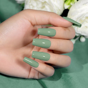 Mossy Meadow sage green gel polish manicure close-up high-gloss finish natural earthy tone on nails
