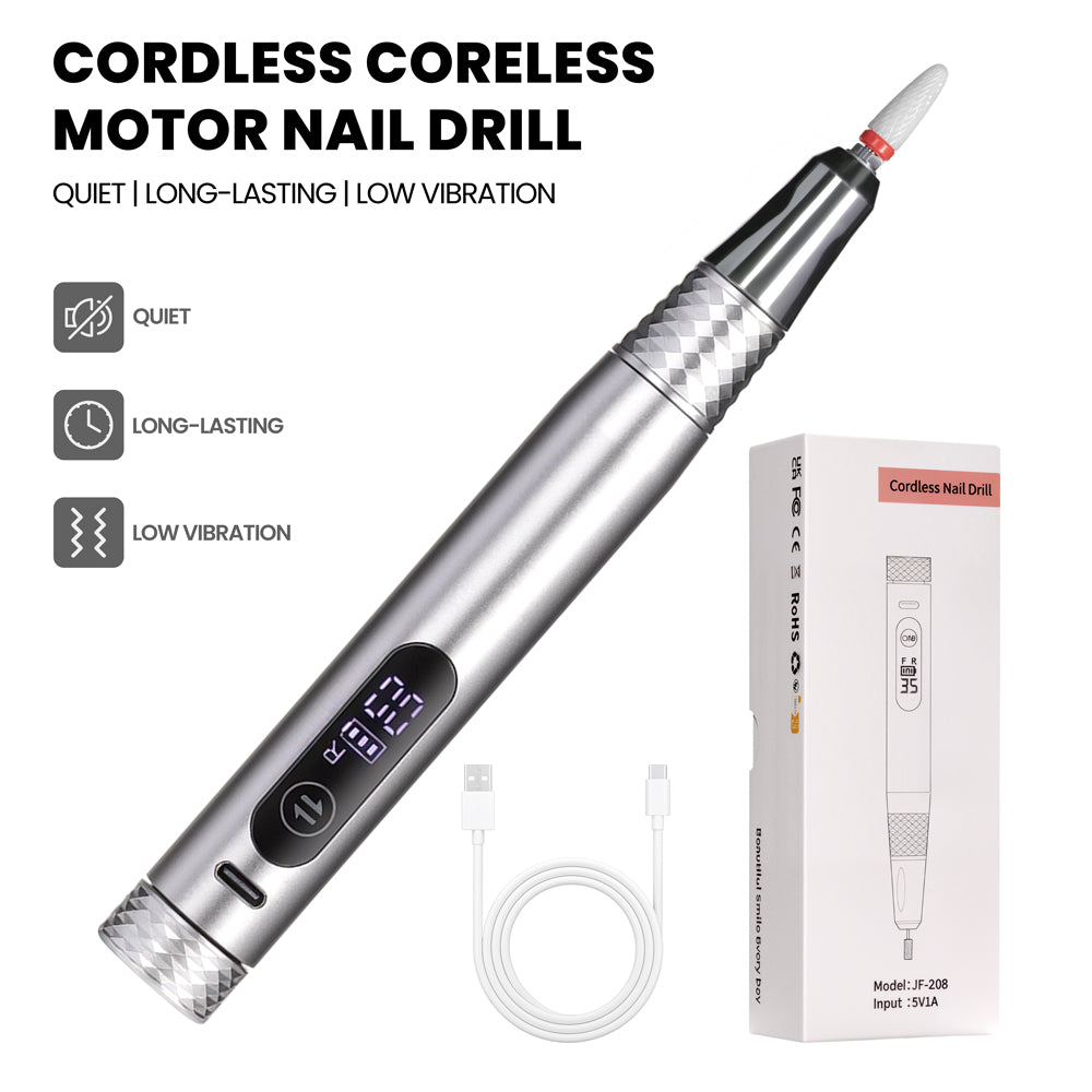Professional electric nail drill 35000 RPM in use gel polish removal acrylic nail shaping manicure pedicure
