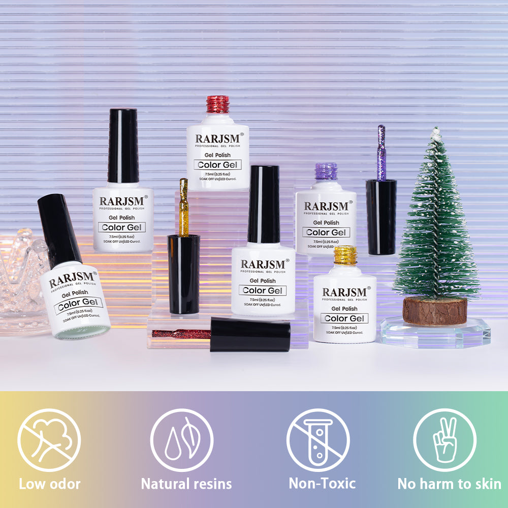 Holiday sparkle glitter gel polish set with low odor, natural resins, non-toxic, no harm to skin features for Christmas nail art
