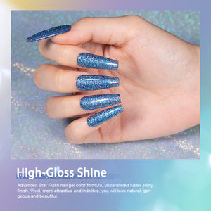 High-gloss shine holiday sparkle glitter gel polish on long coffin nails showing vibrant blue holographic sparkle for Christmas

