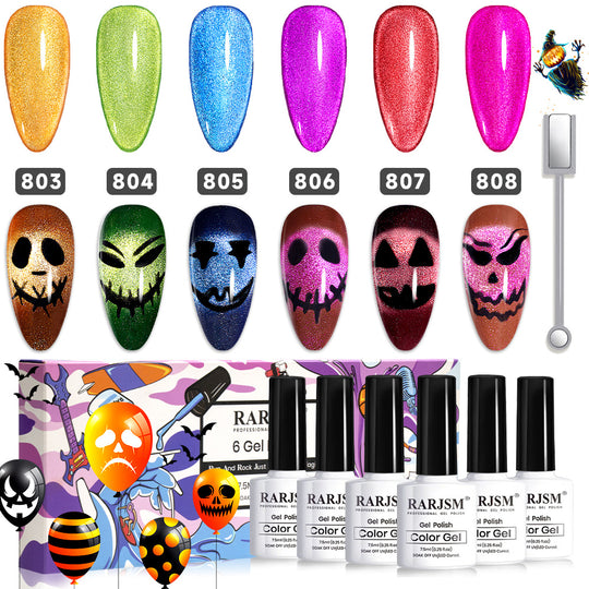 Esmalte de uñas en gel 9D Halloween Carnival Neon Cat Eye, juego de 6 colores, 7,5 ml