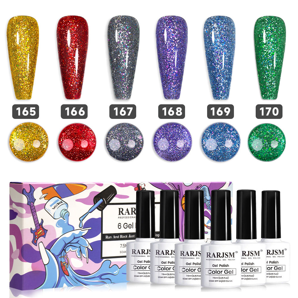 Holiday sparkle glitter gel polish set 165-170 showing 6 colors gold red silver purple blue green with holographic sparkle for Christmas
