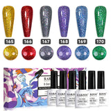 Holiday sparkle glitter gel polish set 165-170 showing 6 colors gold red silver purple blue green with holographic sparkle for Christmas
