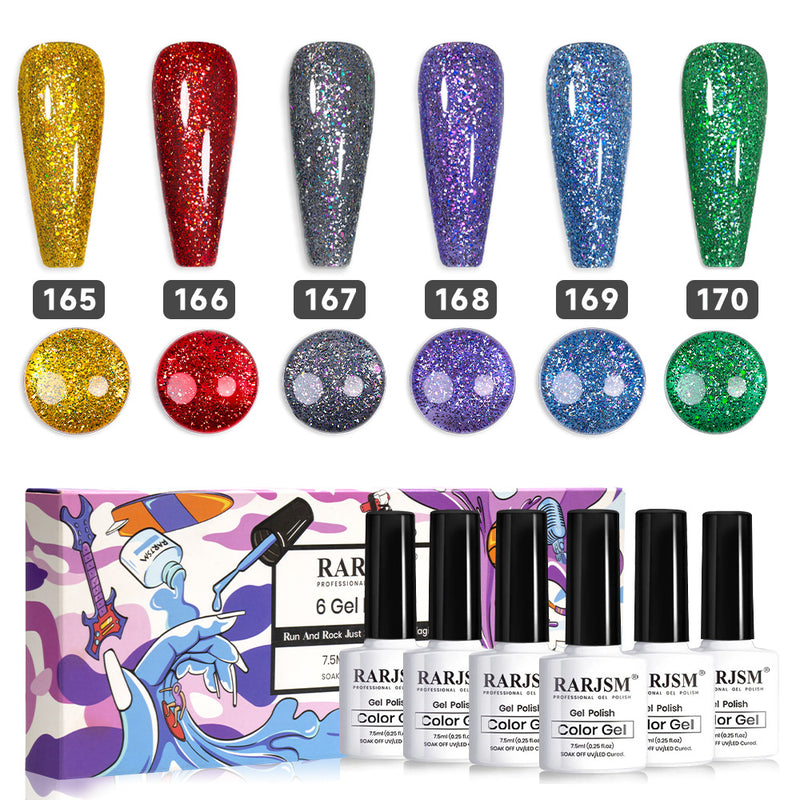 Holiday sparkle glitter gel polish set 165-170 showing 6 colors gold red silver purple blue green with holographic sparkle for Christmas
