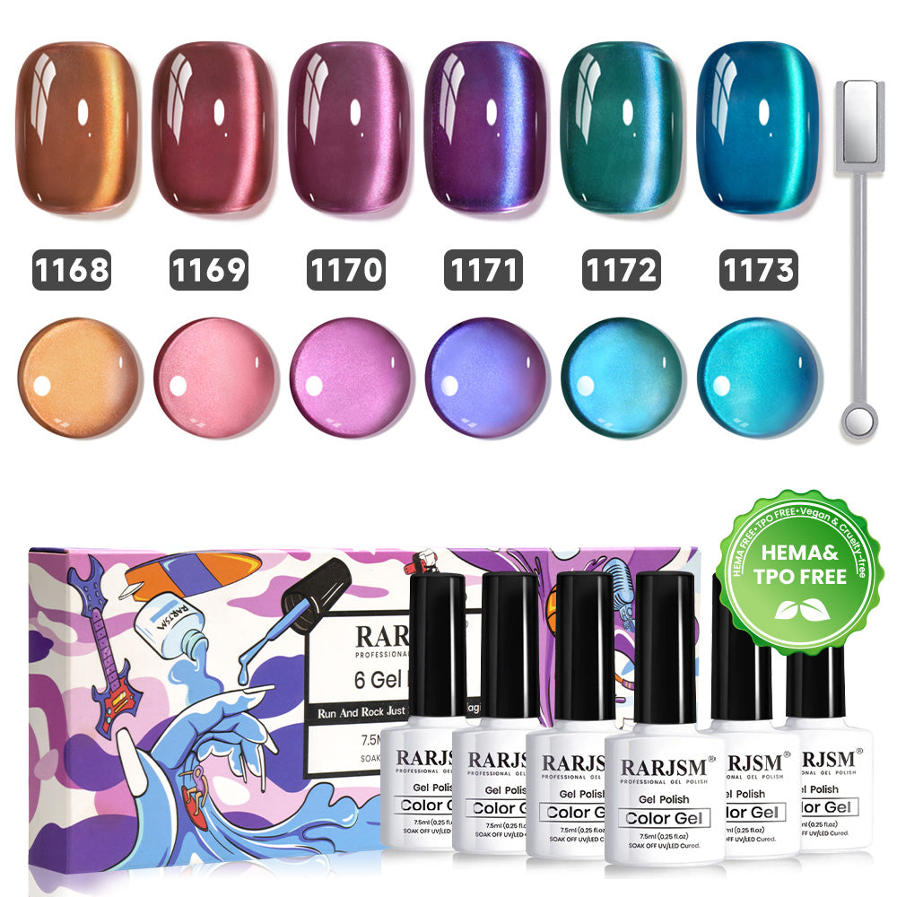 Aurora Ceramic cat eye gel polish 6 colors set 7.5ml 1168-1173 HEMA TPO free vegan magnetic shimmer ceramic finish
