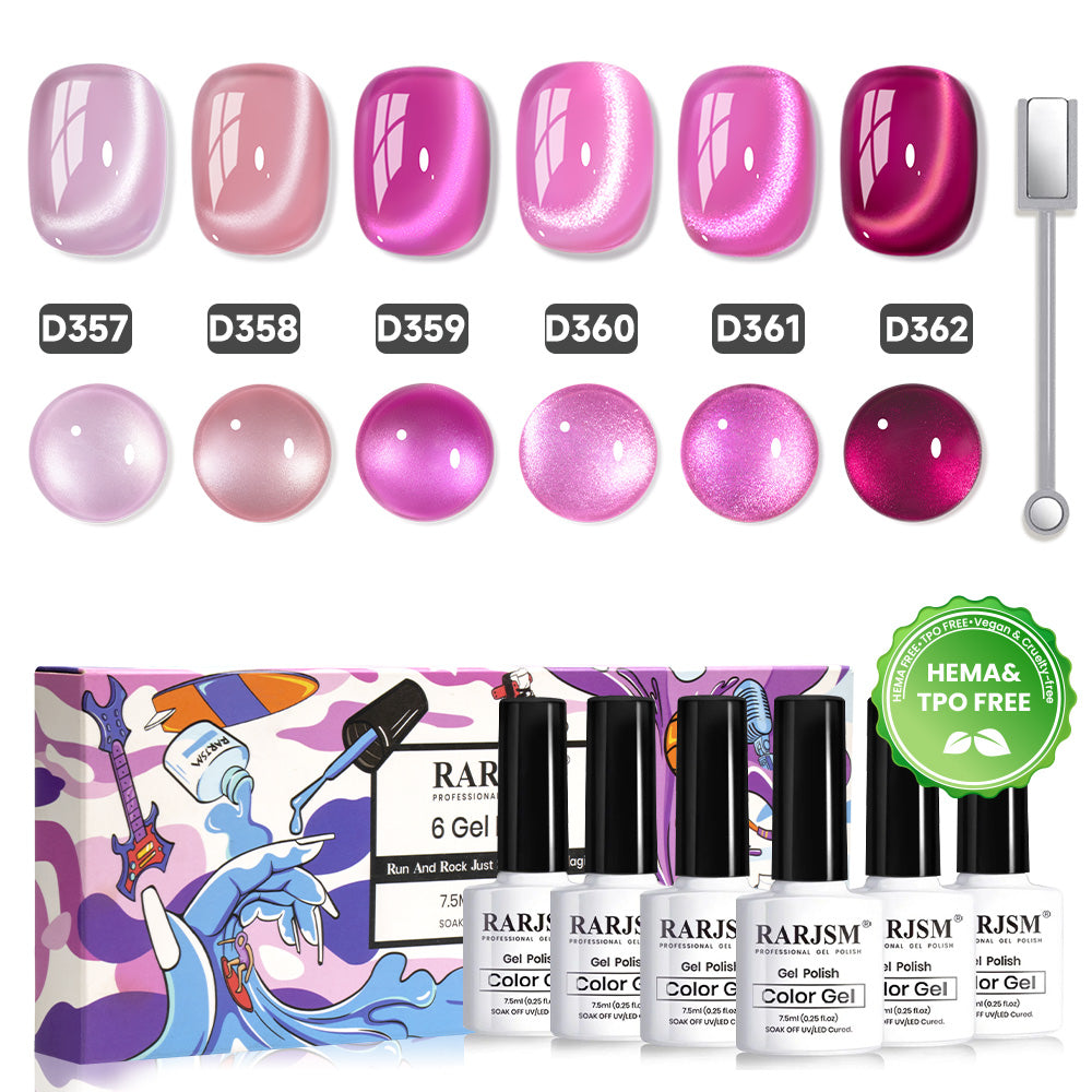 RARJSM Pink Crystal cat eye gel polish set D357-D362 with magnetic stick showing 6 shimmer gradient shades from lavender pink to berry magenta - TPO HEMA Free certified - 7.5ml professional bottles
