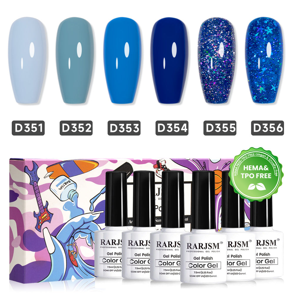 RARJSM Frozen Blue winter gel polish set D351-D356 showing 6 icy blue gradient shades from baby blue to navy with holographic glitter accents - TPO HEMA Free certified - 7.5ml professional bottles
