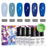 RARJSM Frozen Blue winter gel polish set D351-D356 showing 6 icy blue gradient shades from baby blue to navy with holographic glitter accents - TPO HEMA Free certified - 7.5ml professional bottles
