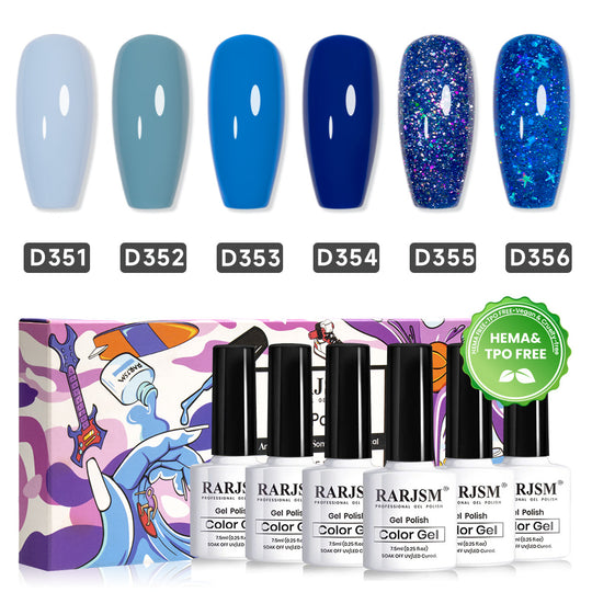 RARJSM Frozen Blue winter gel polish set D351-D356 showing 6 icy blue gradient shades from baby blue to navy with holographic glitter accents - TPO HEMA Free certified - 7.5ml professional bottles
