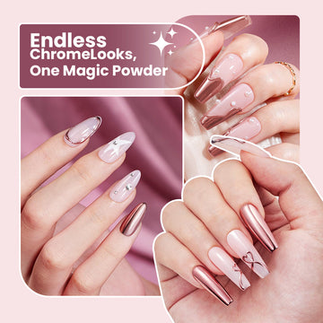 Endless chrome looks one magic powder - rose gold metallic nail art inspiration collage