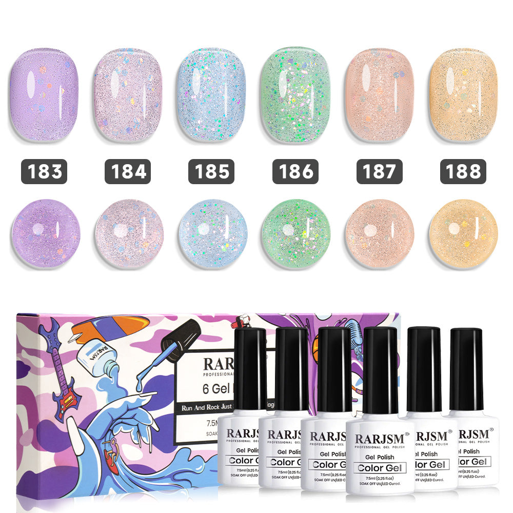 RARJSM 6-color iridescent jelly glitter gel nail polish set with pastel shades 183-188, TPO HEMA free formula
