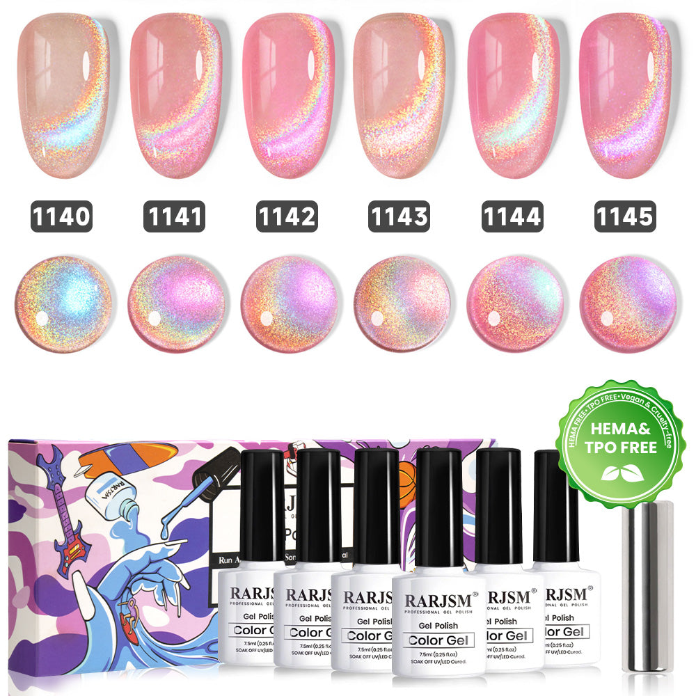 Aurora Rainbow cat eye gel polish 6 colors set 7.5ml 1140-1145 HEMA TPO free vegan magnetic holographic shimmer
