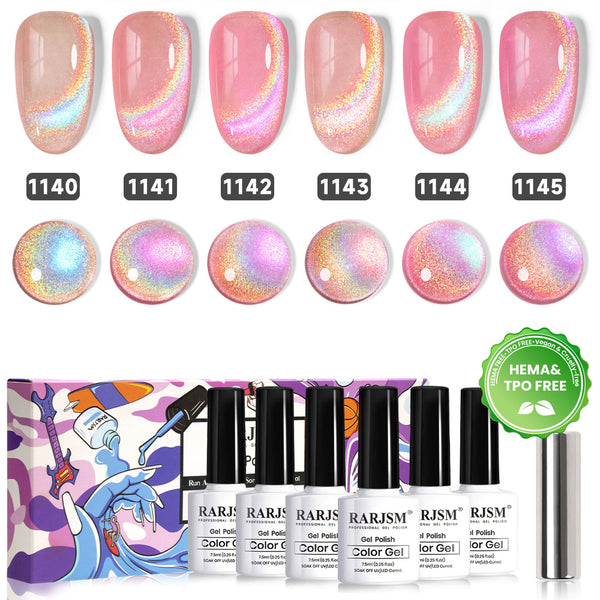 Aurora Rainbow Holographic Cat Eye Gel Nail Polish 6 Colors Set 7.5 ml