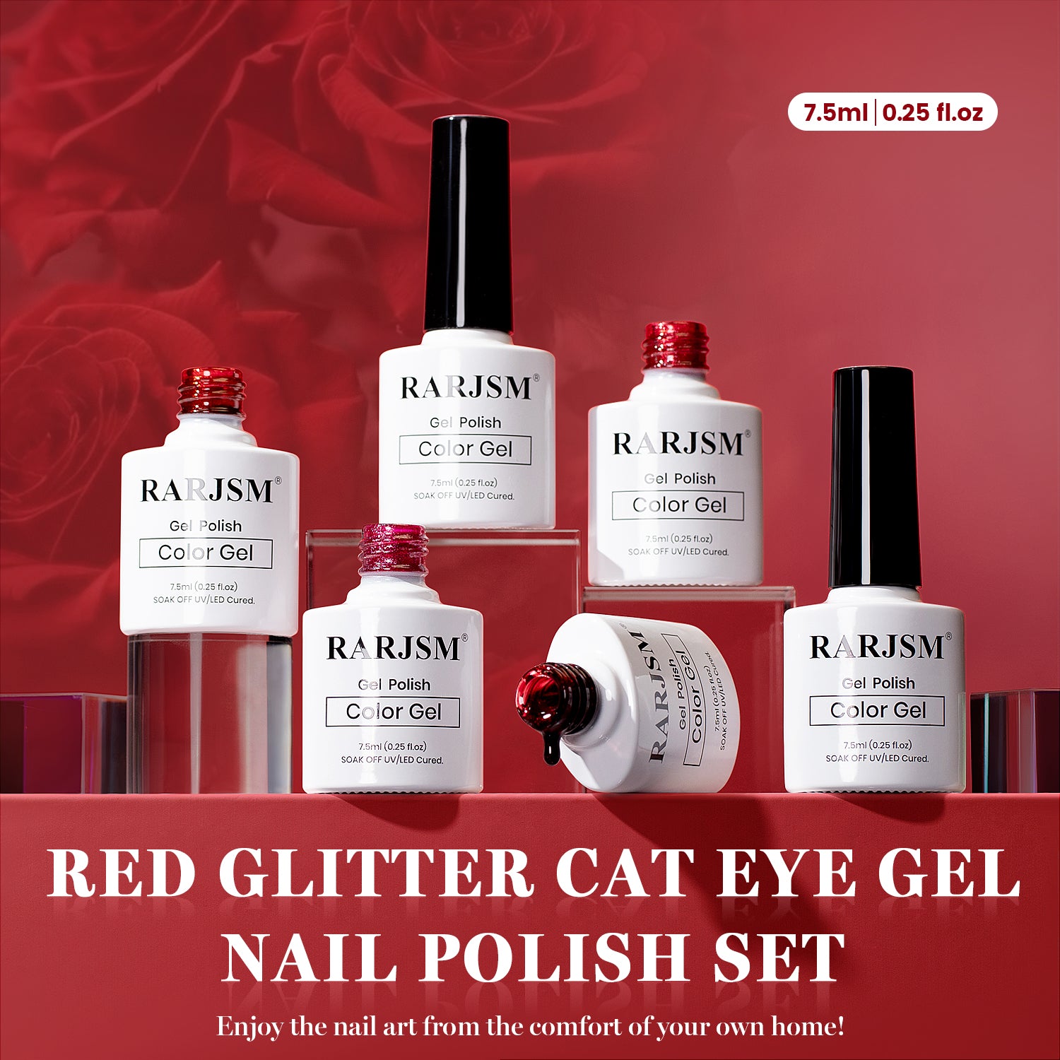 RARJSM crimson allure red glitter cat eye gel polish 6 bottles 7.5ml HEMA TPO free vegan formula
