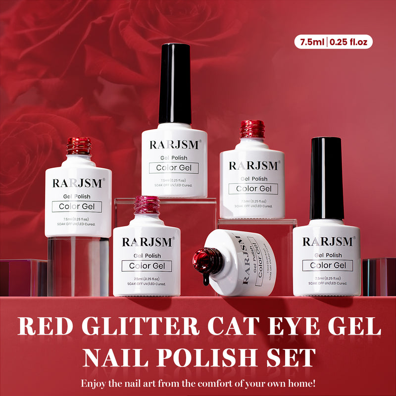 RARJSM crimson allure red glitter cat eye gel polish 6 bottles 7.5ml HEMA TPO free vegan formula
