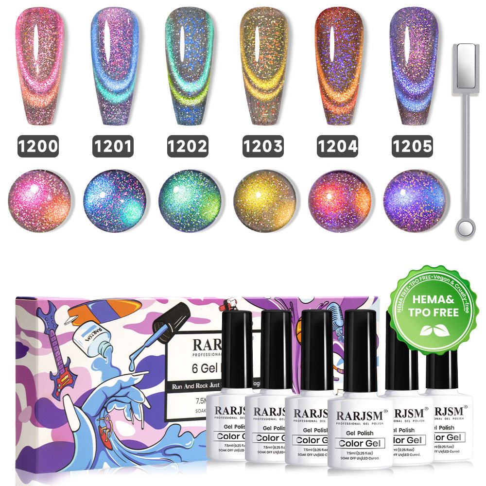 9D Chameleon cat eye gel polish 6 colors set 7.5ml 1200-1206 HEMA TPO free vegan color shifting magnetic shimmer
