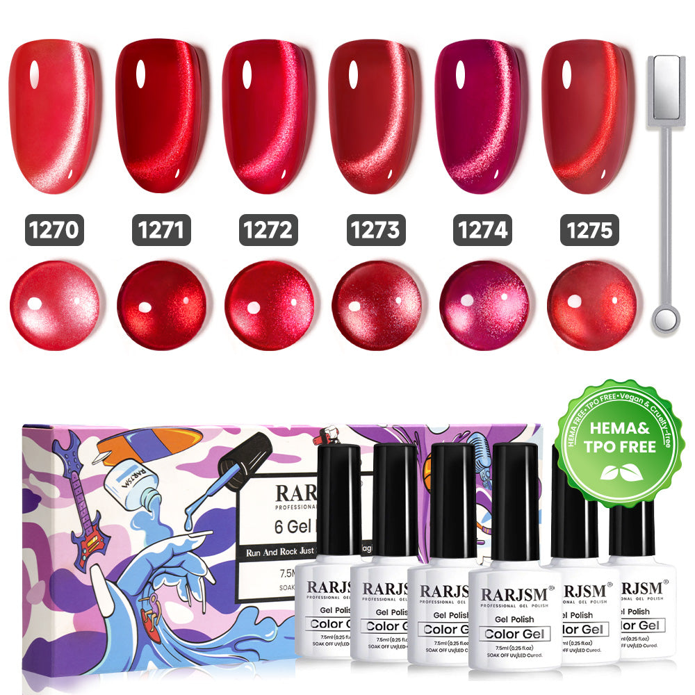 Crimson allure red cat eye gel polish set 6 colors with magnetic wand RARJSM HEMA TPO free Christmas Valentine gift
