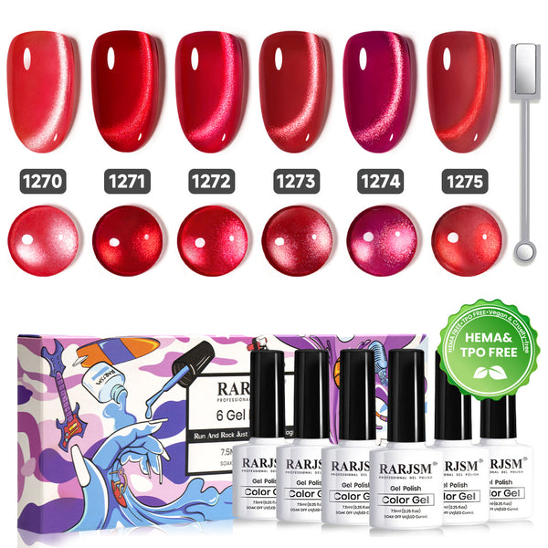 Crimson Allure - Festive Shimmer Red Cat eye gel polish 6 Colors Set 7.5ml