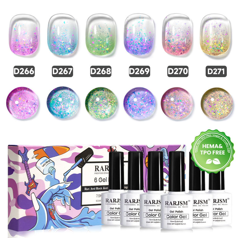 Forest Dream glitter gel polish 6 colors set 7.5ml D266-D271 HEMA TPO free vegan jelly shimmer holographic
