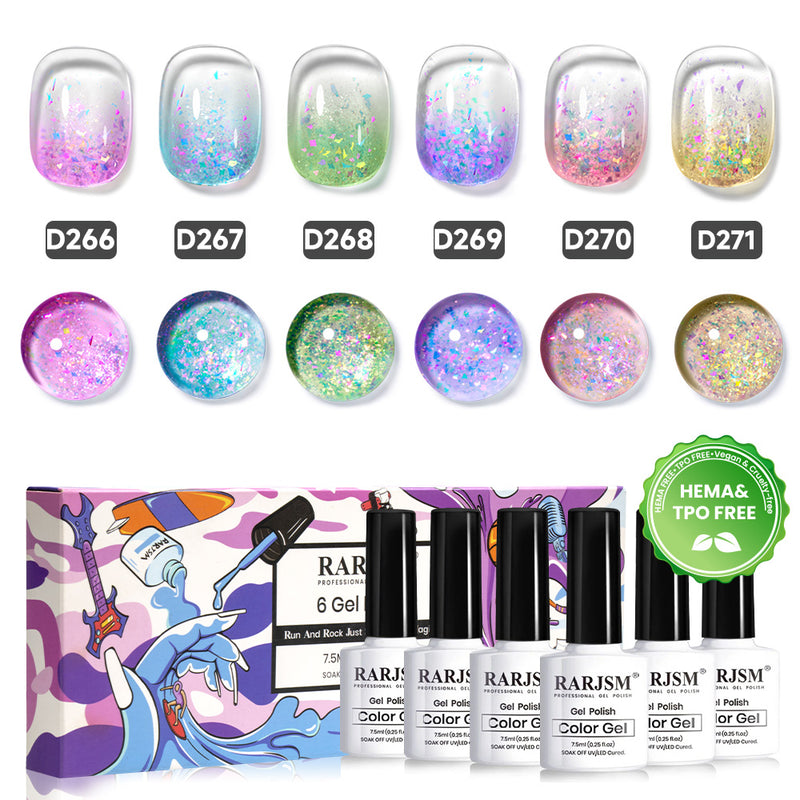 Forest Dream glitter gel polish 6 colors set 7.5ml D266-D271 HEMA TPO free vegan jelly shimmer holographic
