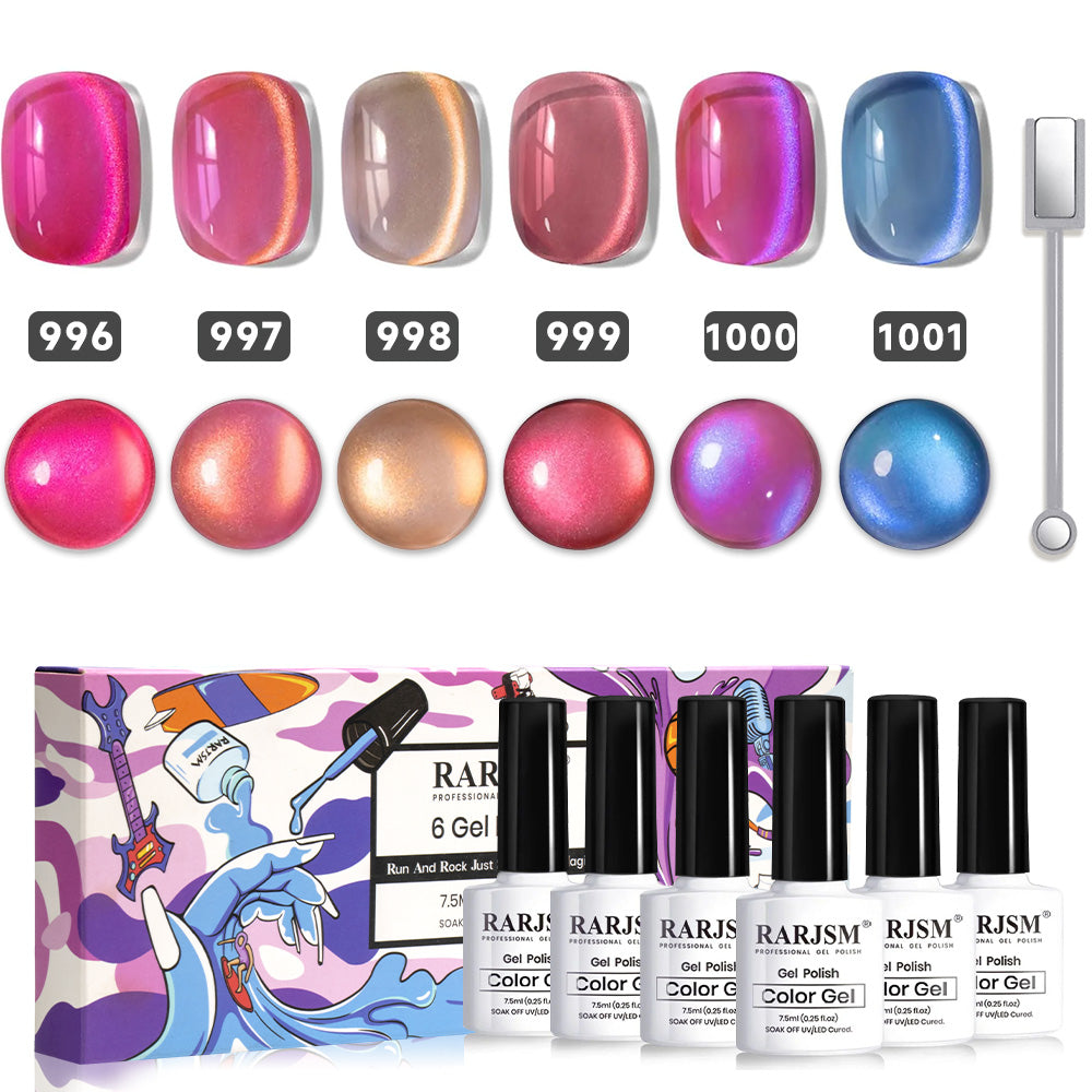 Moonlight ceramic cat eye gel polish set 996-1001 showing 6 magnetic colors hot pink coral nude mauve purple blue with cat eye effect, TPO HEMA free
