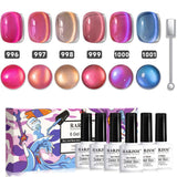 Moonlight ceramic cat eye gel polish set 996-1001 showing 6 magnetic colors hot pink coral nude mauve purple blue with cat eye effect, TPO HEMA free
