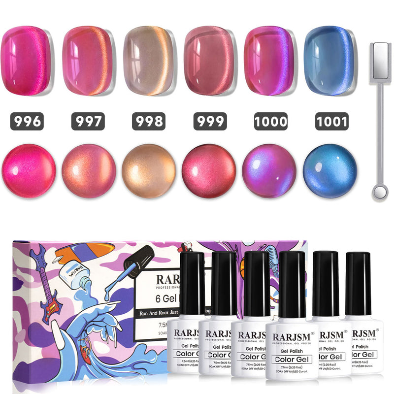 Moonlight ceramic cat eye gel polish set 996-1001 showing 6 magnetic colors hot pink coral nude mauve purple blue with cat eye effect, TPO HEMA free
