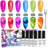 6-color valentine cat eye gel polish set 803-808 showing romantic neon pink orange purple shades with magnetic effect, TPO HEMA free
