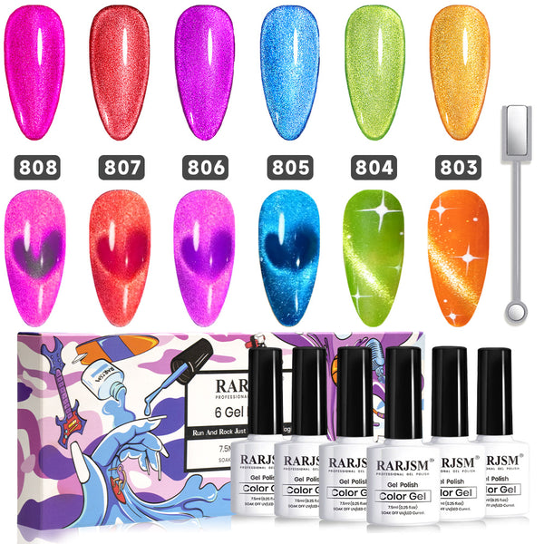 "Rock & Romance" Shiny 9D Neon Cat Eye Gel Nail Polish 6 Colors Set 7.5 ml