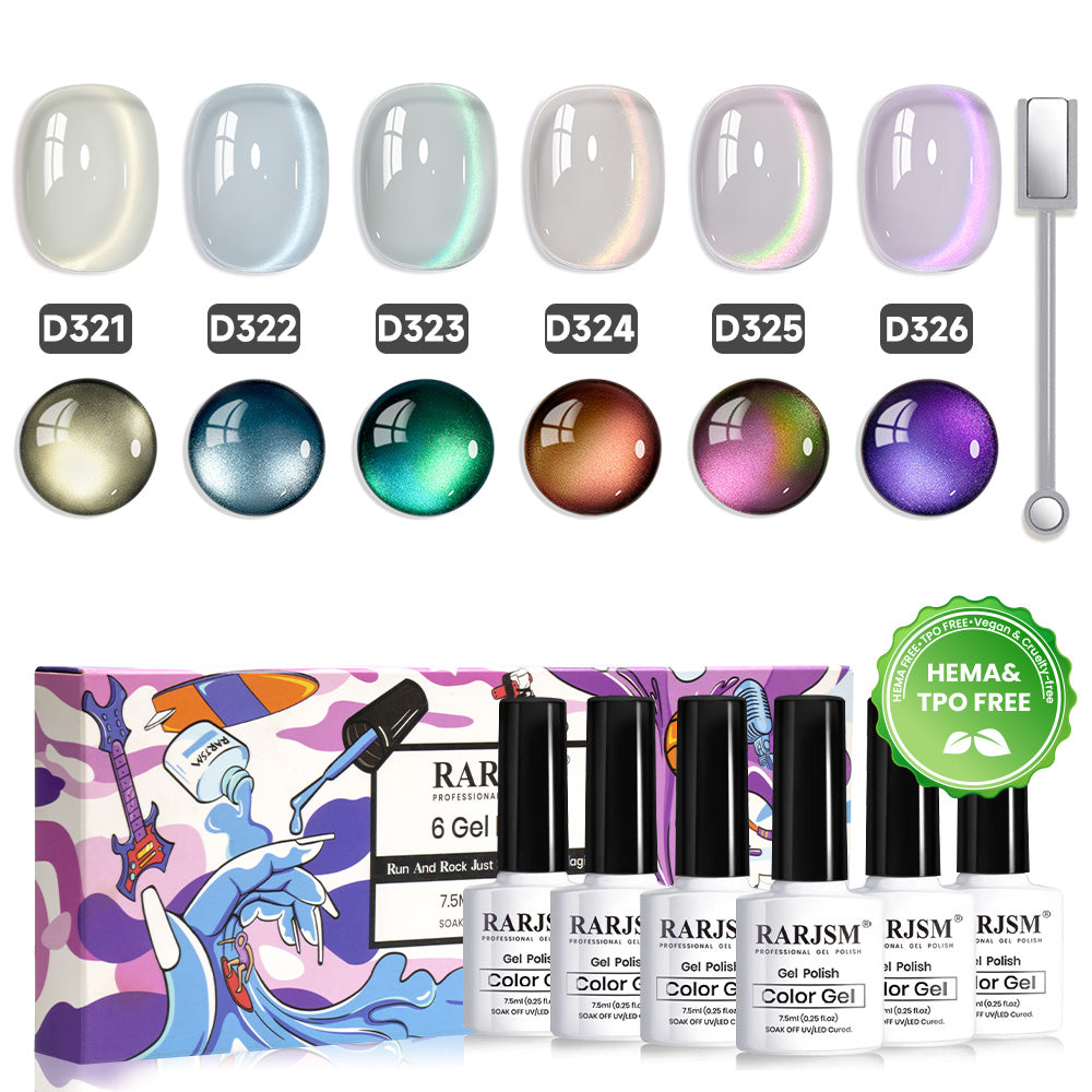 RARJSM Prismatic Aura magnetic cat eye gel polish 6 bottles 7.5ml D321-D326 HEMA TPO free vegan sheer iridescent

