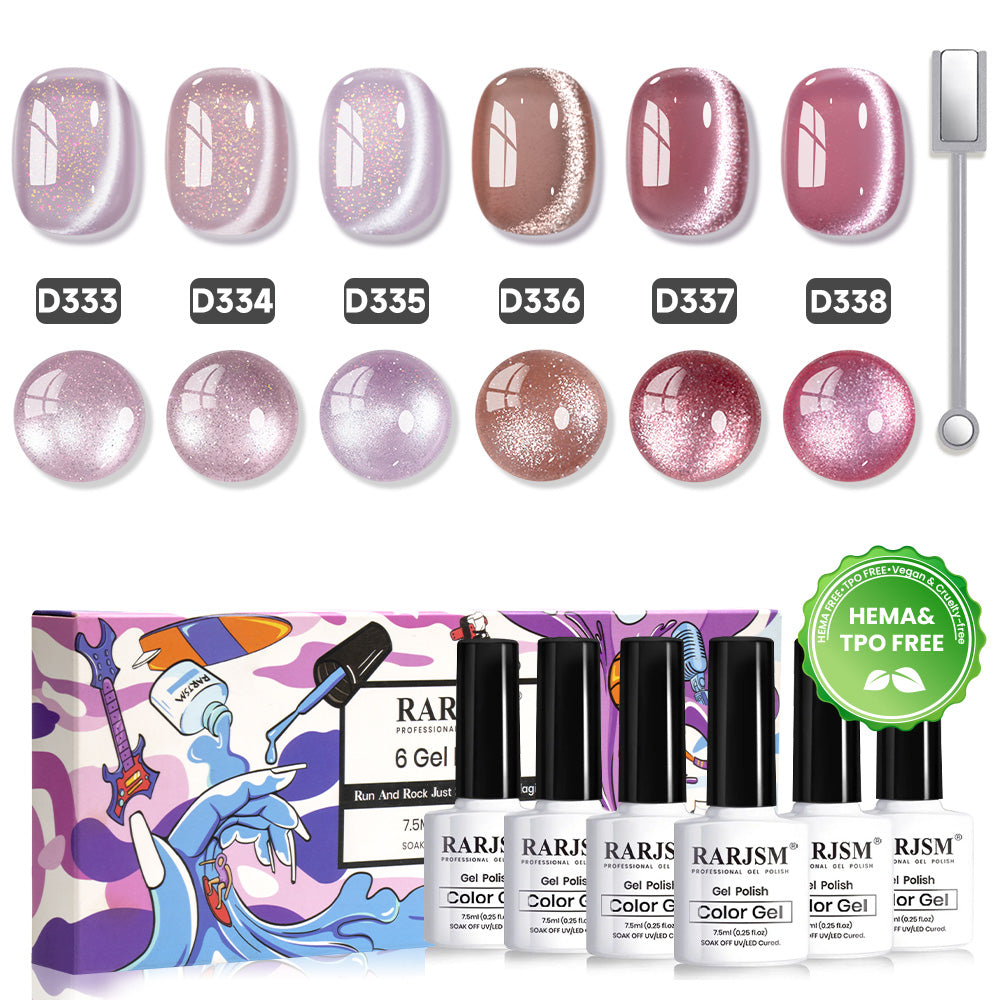 RARJSM romantic shimmer cat eye gel polish 6 bottles set D333-D338 TPO HEMA free EU certified safe vegan 7.5ml
