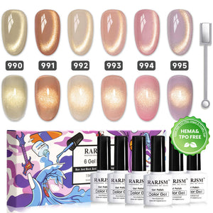 Golden horizon gold shimmer jelly gel polish set 990-995 showing 6 translucent colors nude bronze champagne rose pink purple with gold glitter, TPO HEMA free
