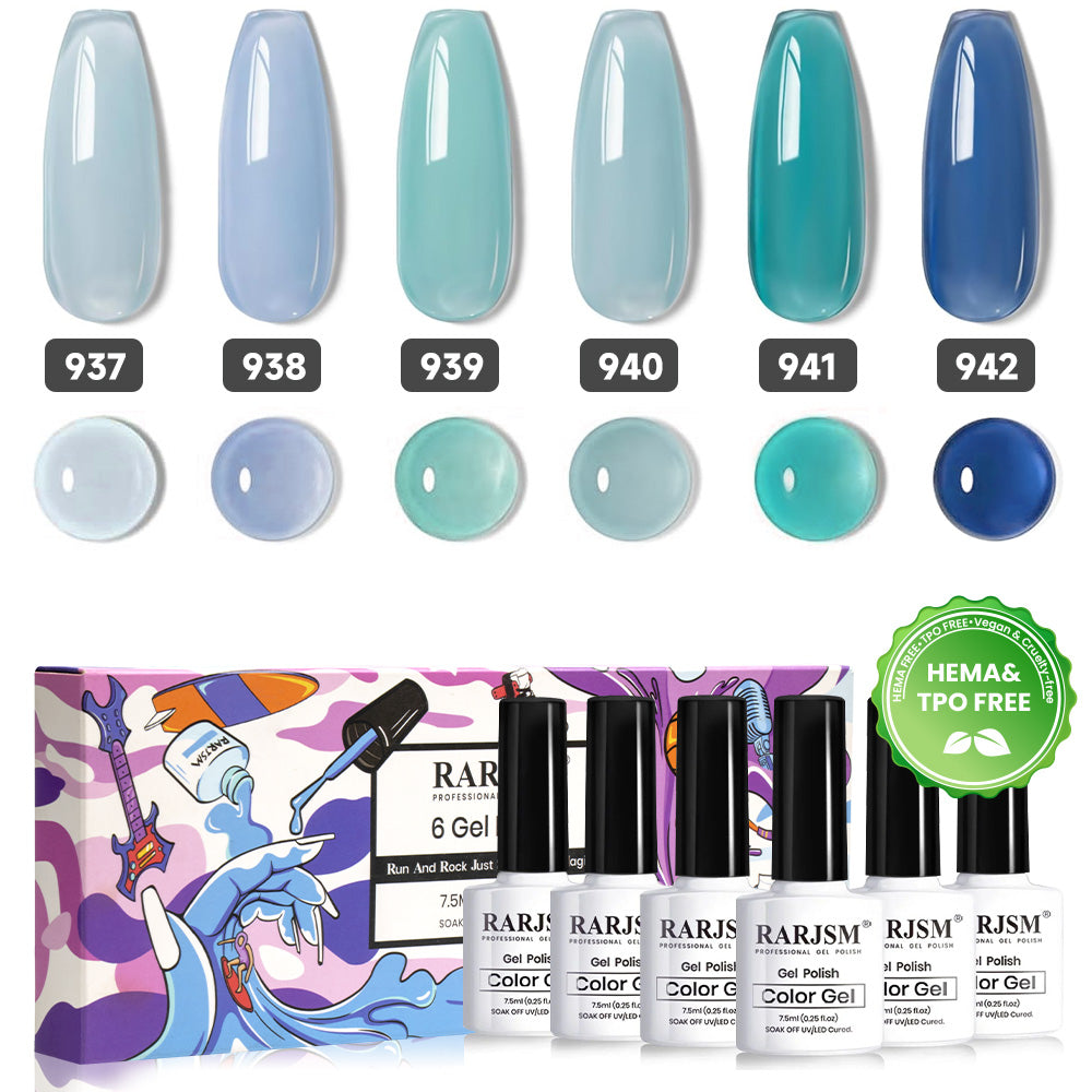 RARJSM 6-piece sea blue amber jelly gel polish set with HEMA TPO free certification badge, 7.5ml professional bottles
